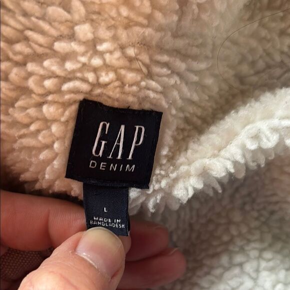 GAP Blue and White Jean Jacket with Cozy Fleece Sleeves - Picture 2 of 16